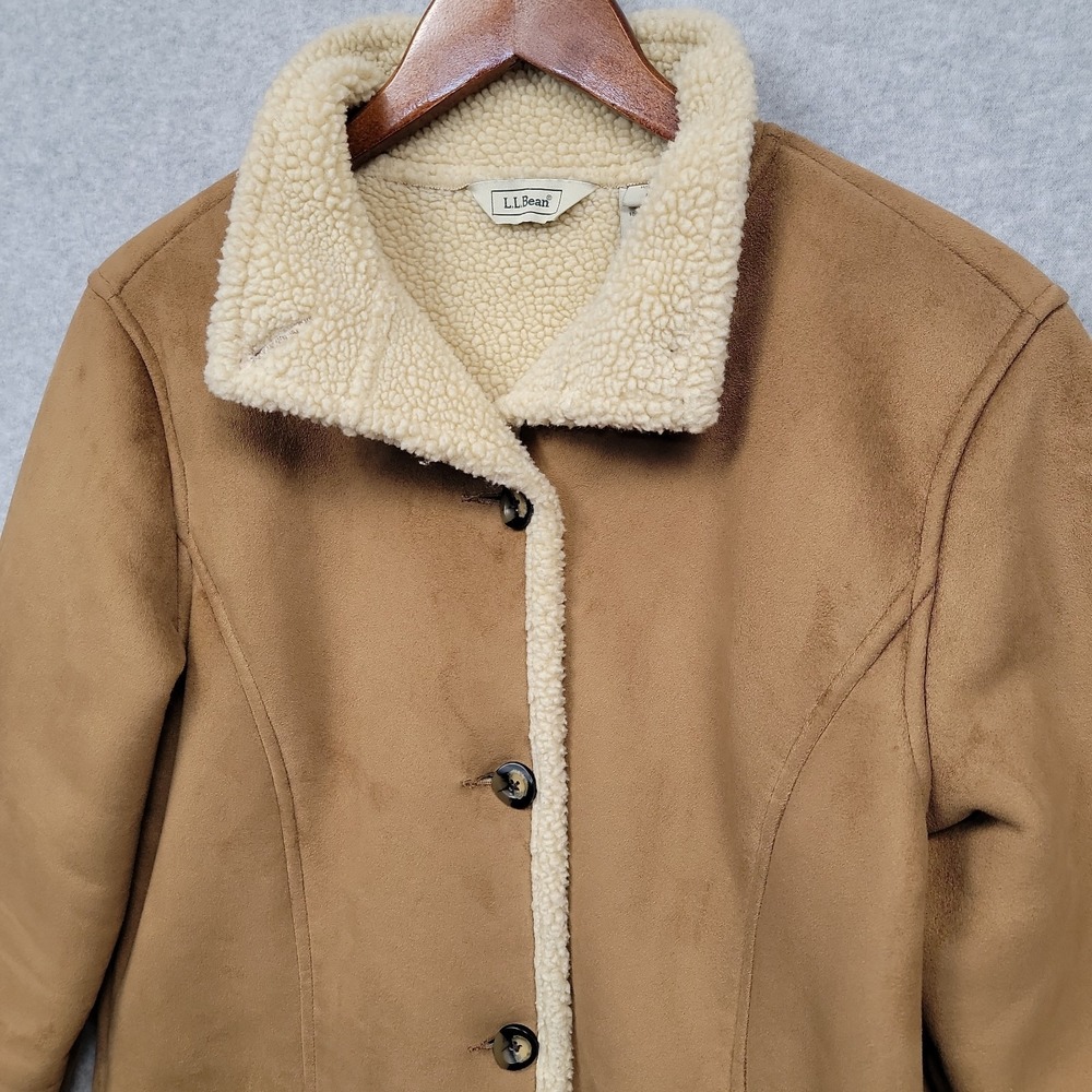 Vtg LL Bean Sherpa Lined Womens Faux Suede Shearling Jacket Coat Tan Brown Sz M - Picture 2 of 15